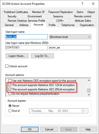 Attributes for SCOM Account
