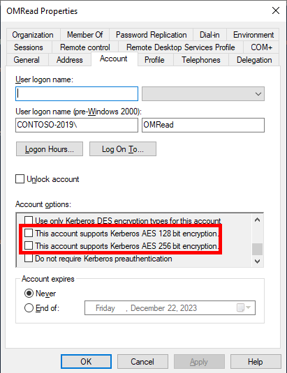 Example of Kerberos AES encryption support checkboxes (OMRead)
