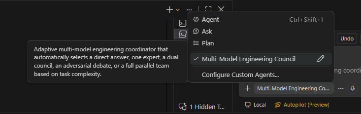 Selecting Multi-Model Engineering Council from the Visual Studio Code agent menu